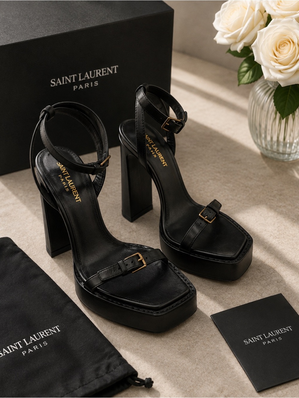 Saint Laurent Carine Black Leather Buckle Platform Sandal in Nero EU 36 US 6 NWT